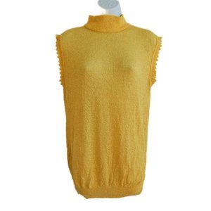 Vintage 60s Keneth Knits Yellow NYLoN Top Crochet Armholes Mock Neck Texture USA